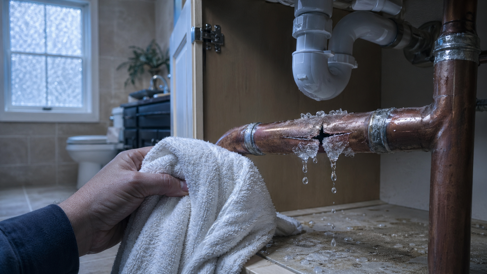 Plumber inspecting frozen pipes in a Georgetown TX home during cold weather