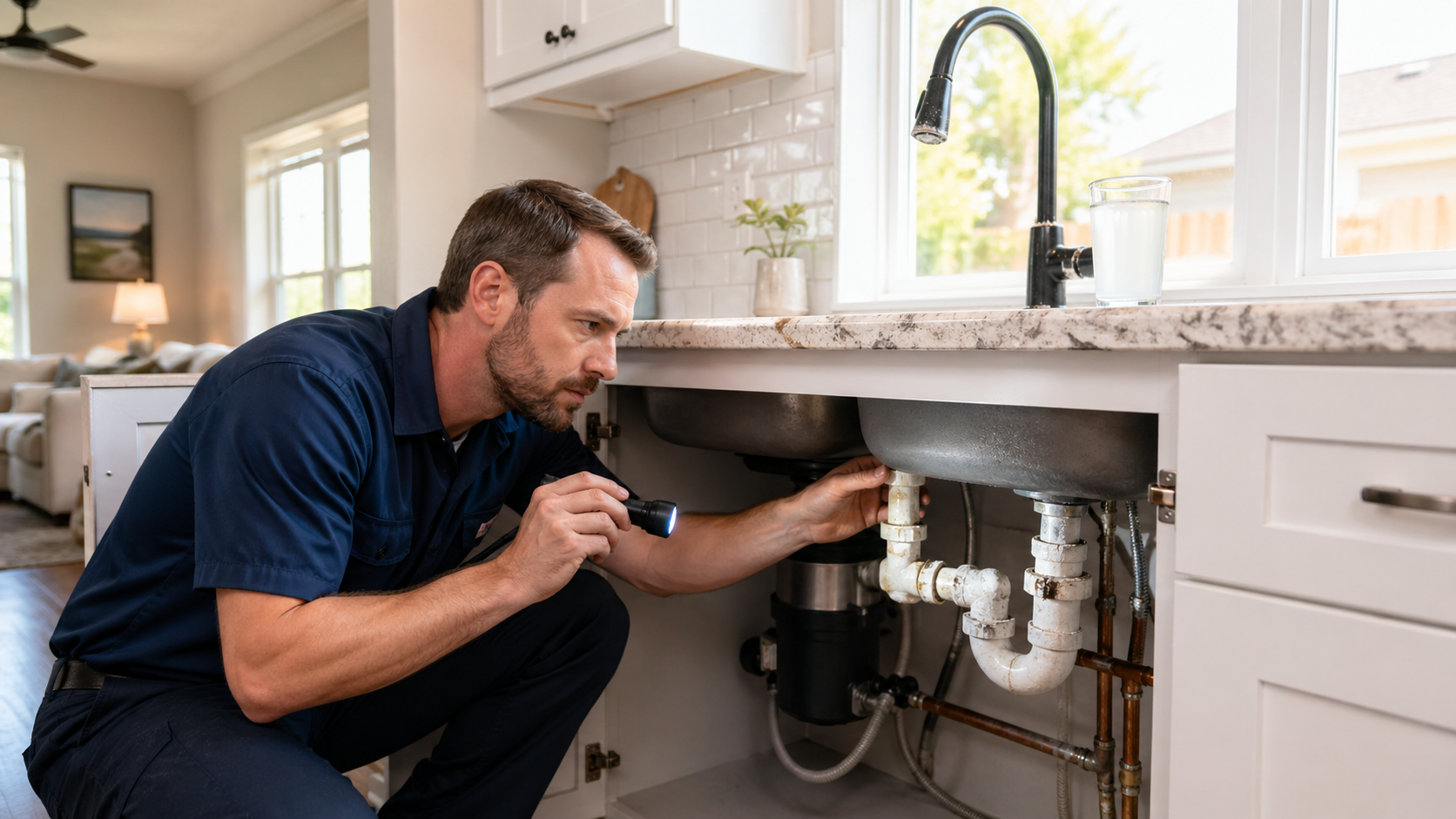 Plumber inspecting hard water pipe buildup in a Georgetown TX home