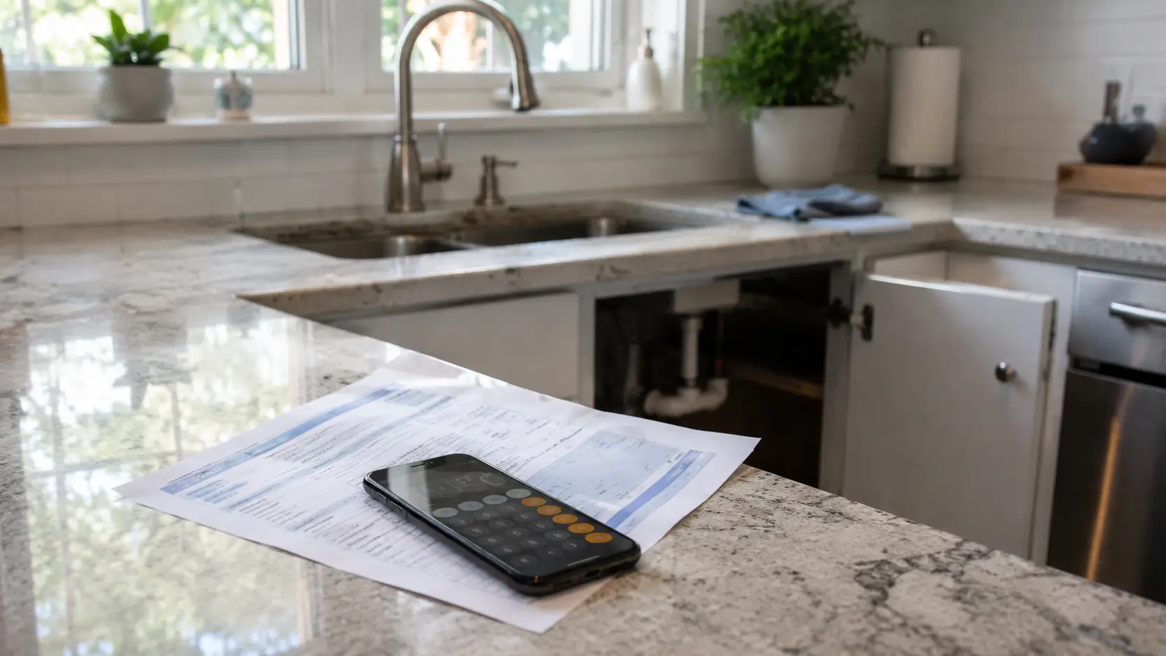 Georgetown TX homeowner checking a water bill near a kitchen sink with plumbing leak concerns