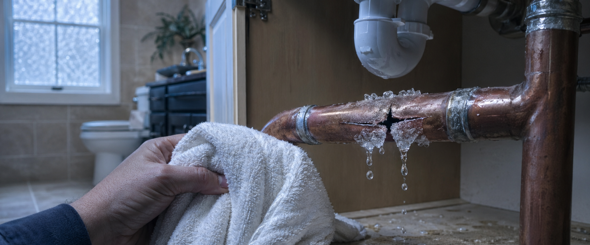 Plumber inspecting frozen pipes in a Georgetown TX home during cold weather