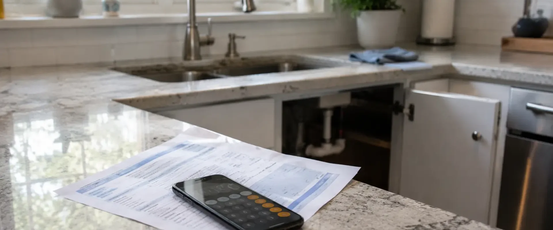 Georgetown TX homeowner checking a water bill near a kitchen sink with plumbing leak concerns